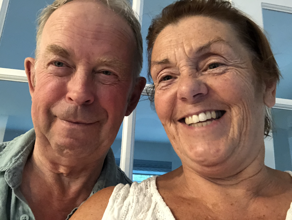 A photo of a wife and her spouse with Parkinson's